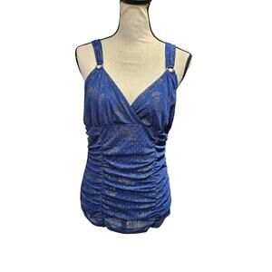 Express Vintage Top Womens Large Blue Metallic Floral Ruched Lined Sheer Mesh